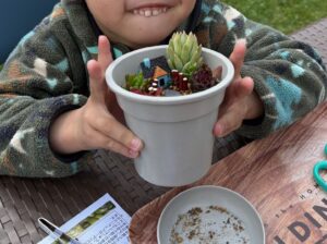 多肉植物の寄せ植えが完成した男の子