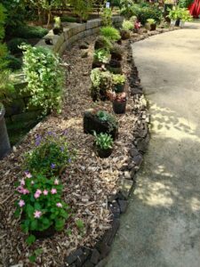 軟石に植えられた植物が並ぶ