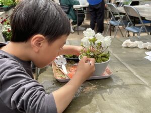 まめ盆栽づくりに没頭している男の子